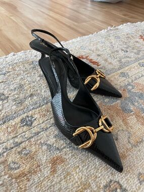 Zara Black Pointed Slingback Heels with Gold Buckle